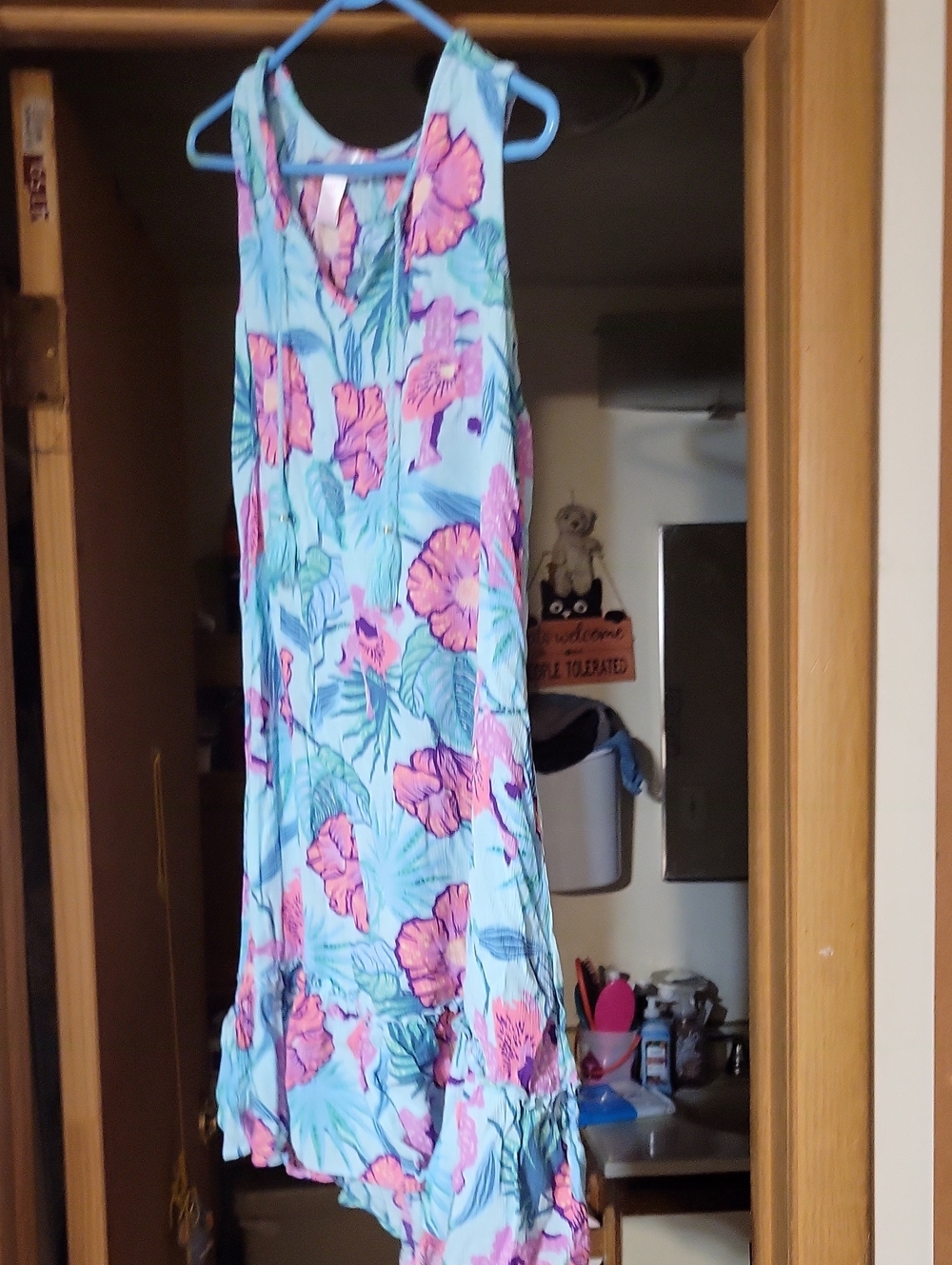 Blue Floral Midi Dress with Pink Hibiscus Print